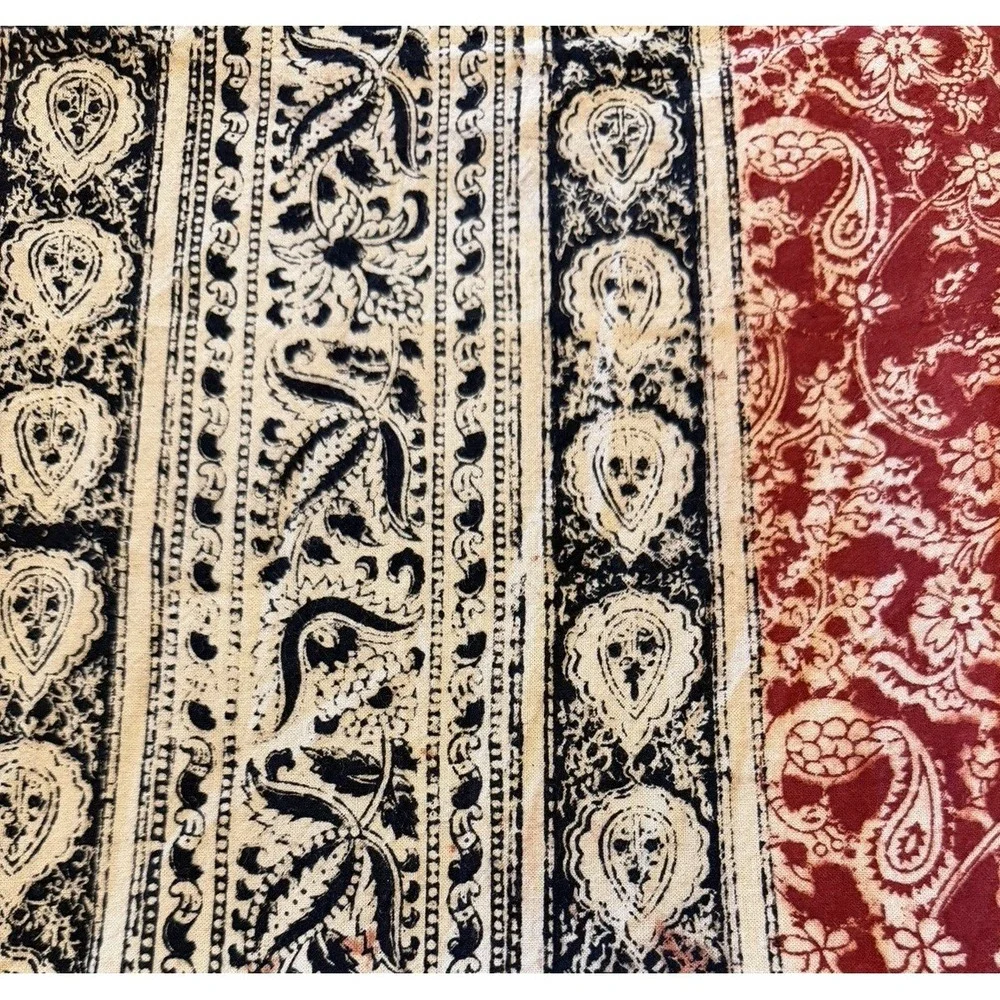 Vintage Indian Block Print Floral Tablecloth Border Black Burgundy Square 44